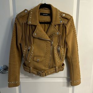 Zara - Camel Fringe Moto Jacket with Stud & Rhinestone